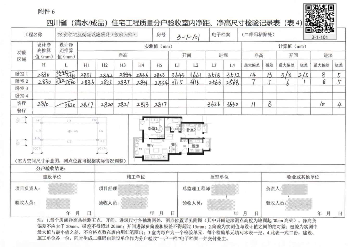 四川省（清水/成品）住宅工程质量分户验收室内净距、净高尺寸检验记录表》（表4）